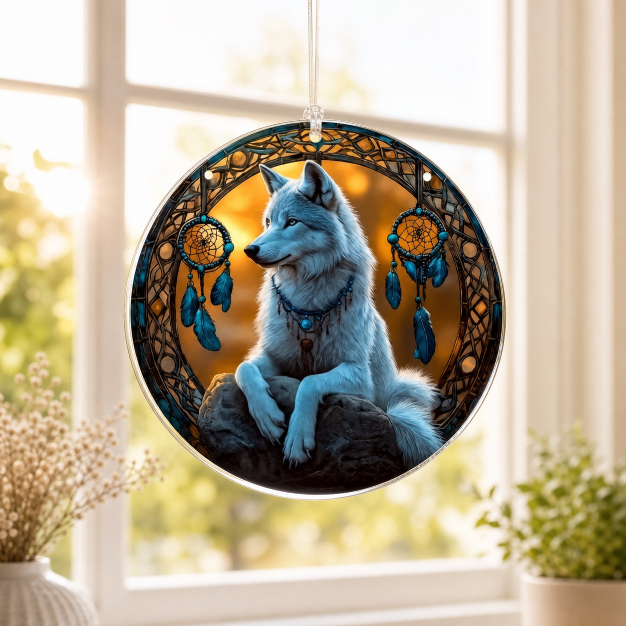 Bohemian White Wolf Dreamcatcher Window Suncatcher