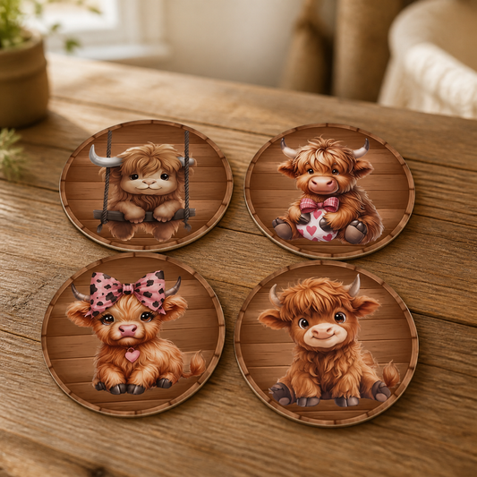 Highland Cow Coffee Coaster Set — Set of 4
