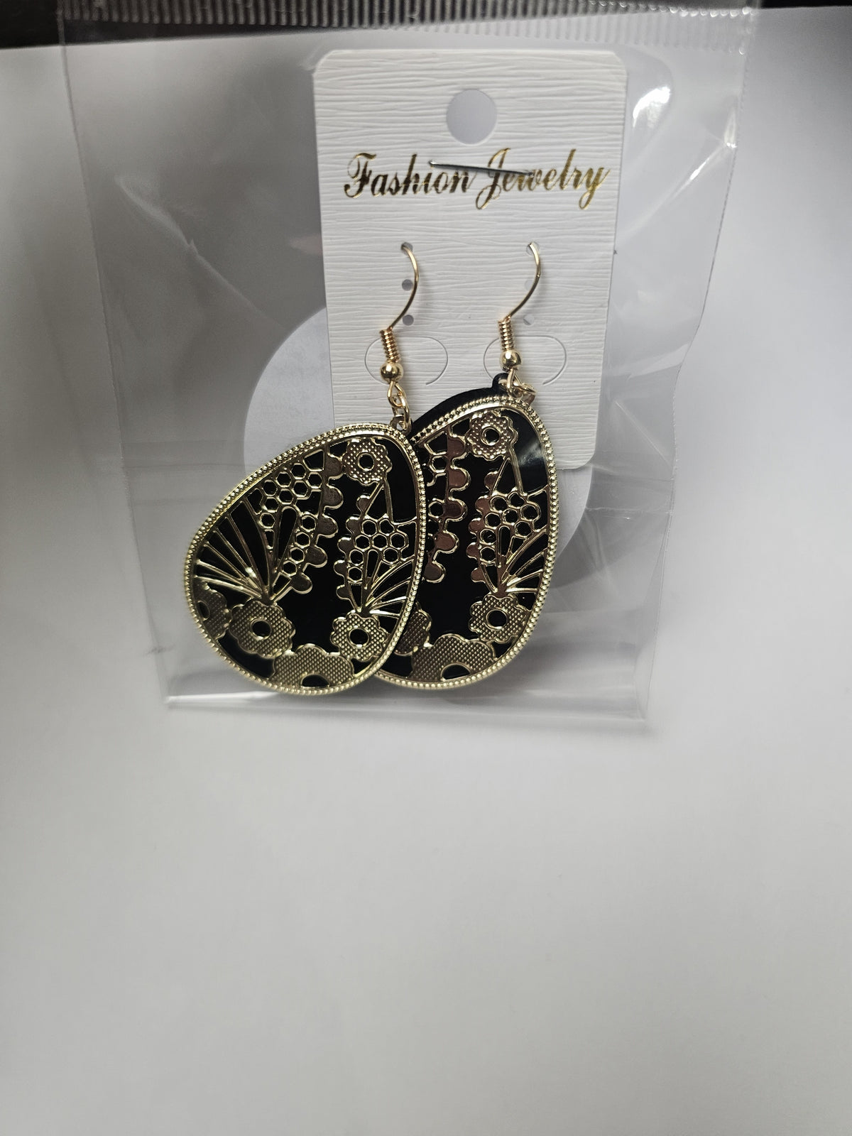 Black & Gold Botanical Oval Dangle Earrings