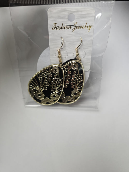 Black & Gold Botanical Oval Dangle Earrings