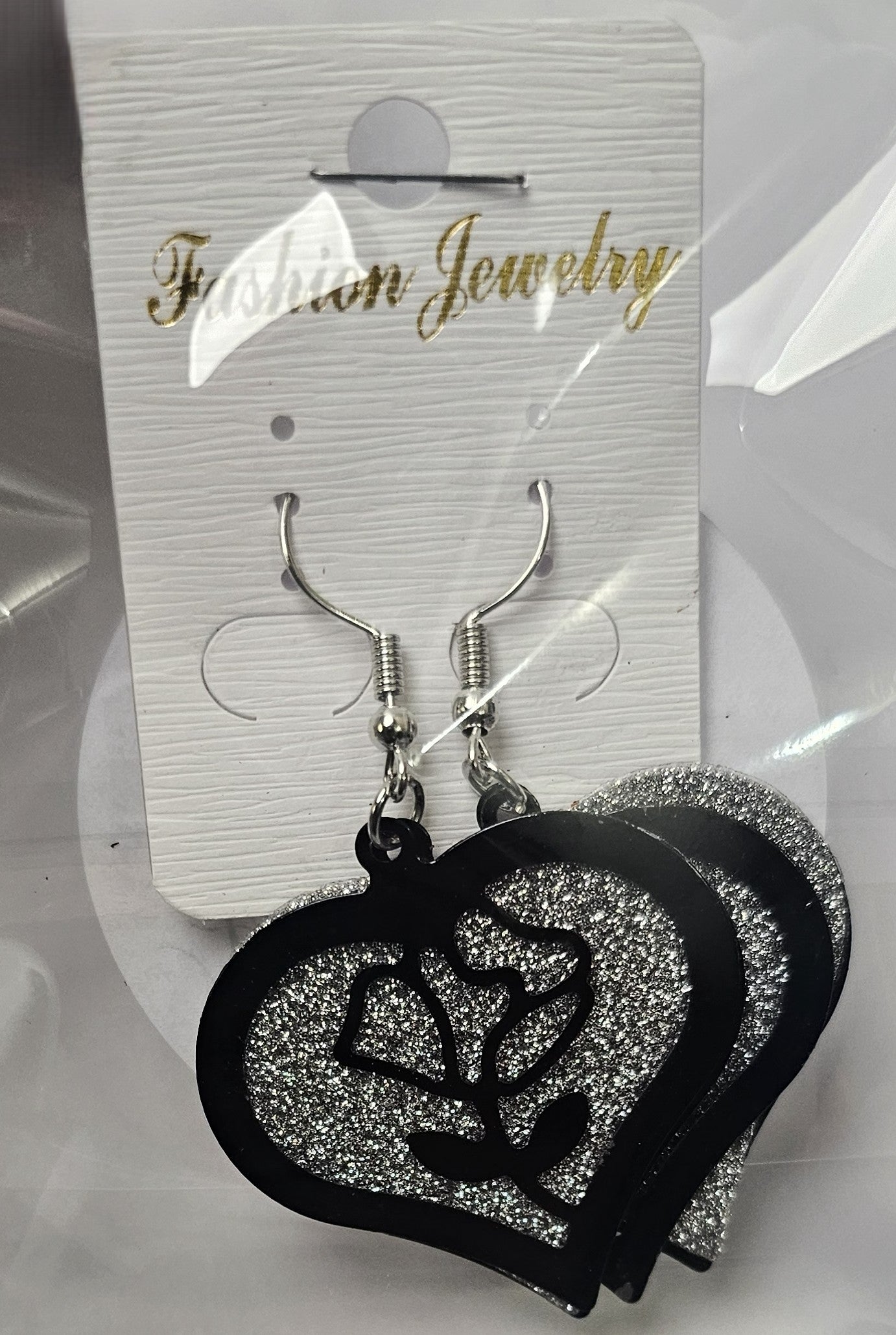 Black Rose Silver Glitter Resin Dangle Earrings