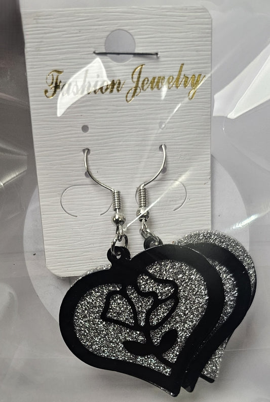 Black Rose Silver Glitter Resin Dangle Earrings