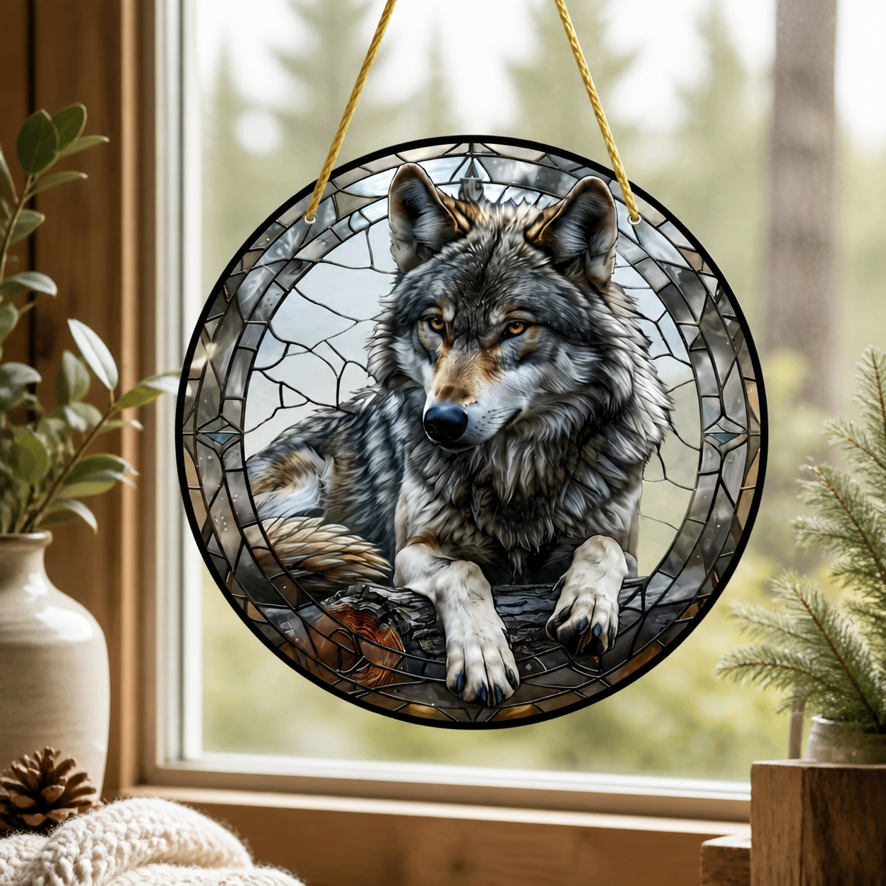 Gray Wolf Stained-Glass Style Acrylic Window Suncatcher
