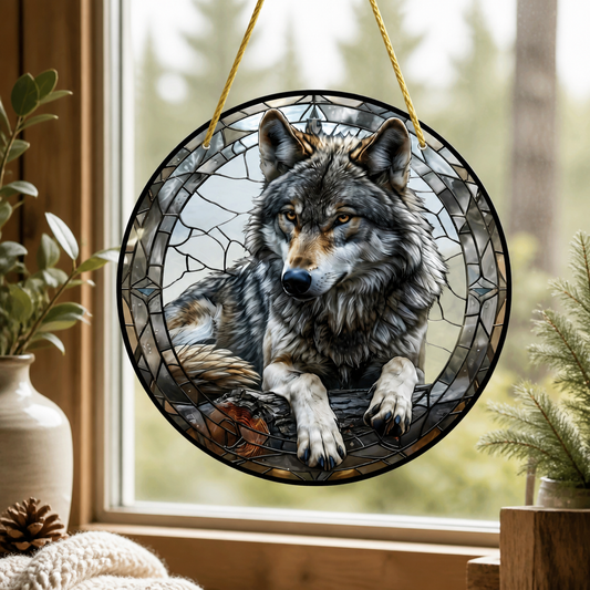 Gray Wolf Stained-Glass Style Acrylic Window Suncatcher