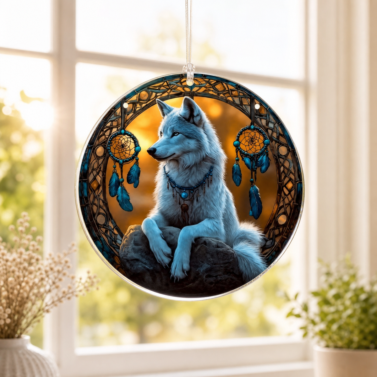 Bohemian White Wolf Dreamcatcher Window Suncatcher