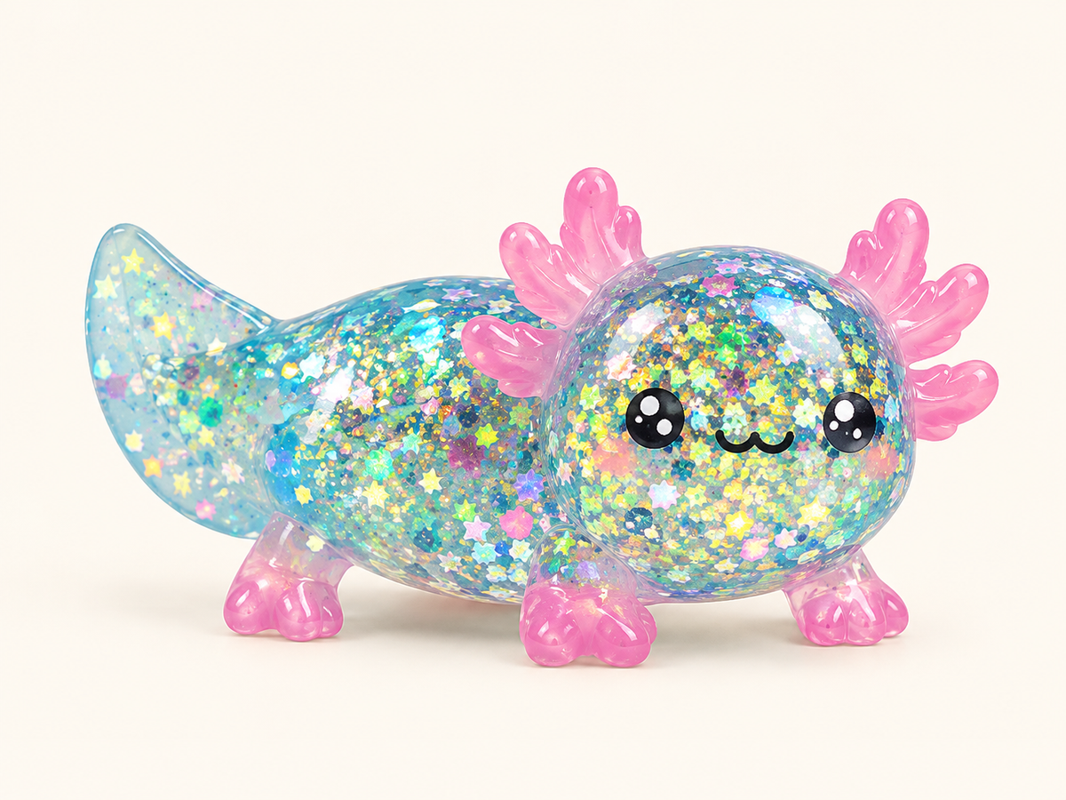 Glitter-Filled Translucent Axolotl Squishy